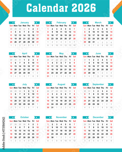 Calendar 2026 vector illustration, Calendar date planner 2026 Editable design. Diary planner 2026.