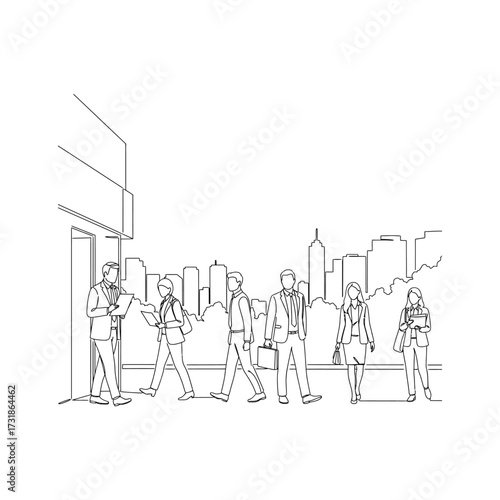 Dynamic group of professionals in suits walking outside modern office building with city skyline background, business success concept.