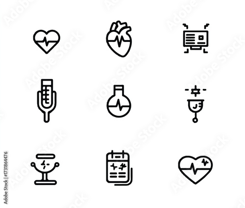 Medical Healthcare Icons Collection of Different Specialties and Diagnosis Tools in Minimalist Style