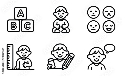 Hand-drawn icons representing early childhood education development and emotions