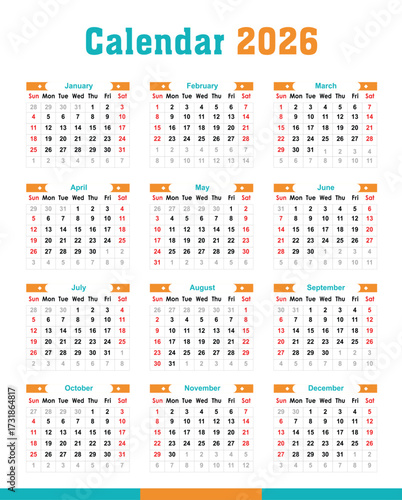 Yearly calendar layout 2026. Diary planner layout 2026. Week Starts on Sunday. Monthly calendar 2026.