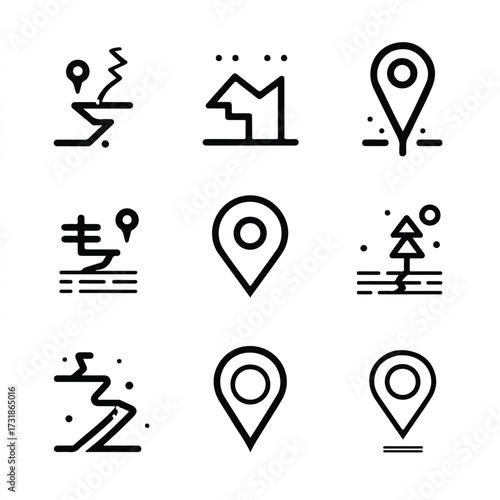 Minimalist design featuring various location and navigation icons in black and white for graphic design use