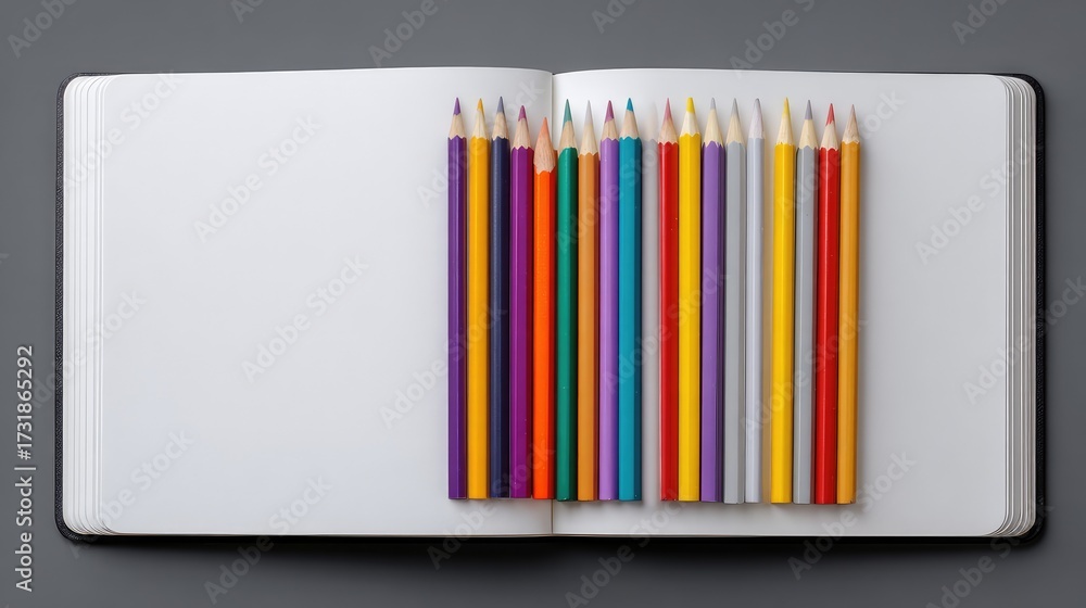 Obraz premium Colorful Pencils Arranged on an Open Blank Notebook Page, Showcasing Artistic Tools for Creativity and Inspiration in a Minimalistic Background