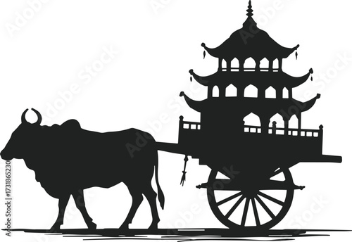 Ox-cart with pagoda structure silhouette illustration, traditional ceremonial transport scene, cultural heritage artwork, rural mobility concept