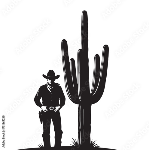 Cowboy standing next to a saguaro cactus a vector illustration in silhouette isolated on white background