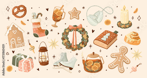 Winter cozy clipart set. Christmas holiday elements. Vector.