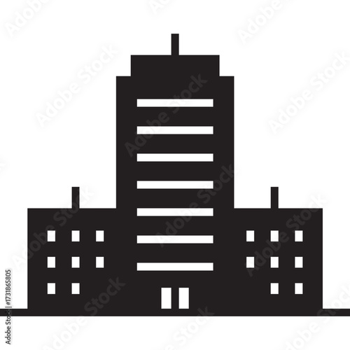 A simple black silhouette icon of a large office building or skyscraper against a white background.