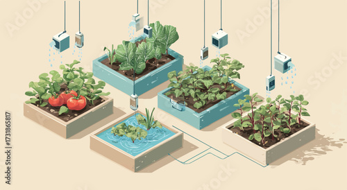 Modern isometric urban gardening system with automated irrigation and diverse crops offering sustainable agriculture and fresh produce