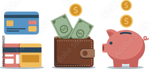 Financial savings with credit cards cash wallet and piggy bank