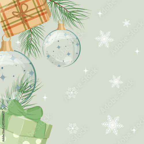 Holiday greeting Christmas card with fir tree and festive decorations balls, gifts, snowflakes. Christmas template for banner, ticket, leaflet, card, invitation