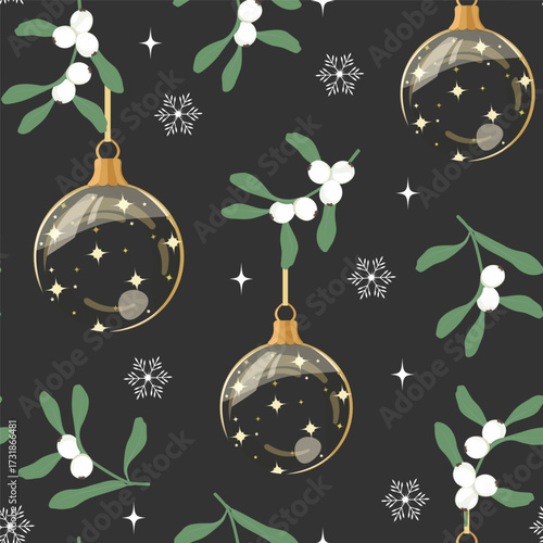 Seamless pattern featuring Christmas balls, snowflakes, and mistletoe against a black background. Ideal for textile decoration and packaging. Vector illustration.
