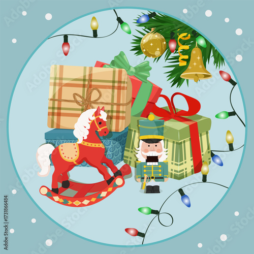 Holiday greeting Christmas card with Christmas balls, gifts,nutcracker and horse. Christmas template for banner, ticket, leaflet, card, invitation