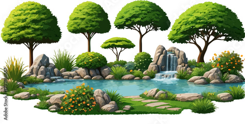 Vibrant garden illustration featuring trees pond and waterfall