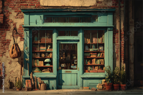 Quaint bookstore facade with turquoise trim and vintage charm featuring overflowing shelves and aged brick backdrop showcasing literary haven