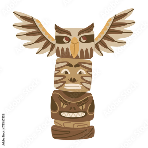 Native American totem pole in colored flat style. A high wooden post made of wood with the image of several animals. Worship, religion. An isolated object. Nomadic lifestyle, hunting. American Indians