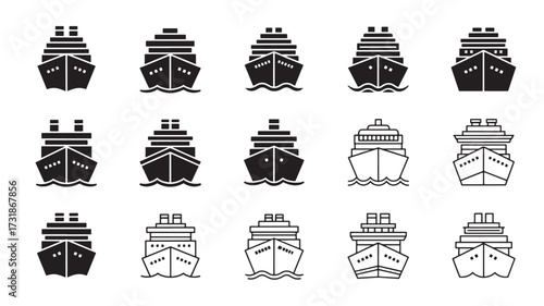 Set of cruise ship icons front view simple flat vector glyphs for travel and transportation designs isolated on white background