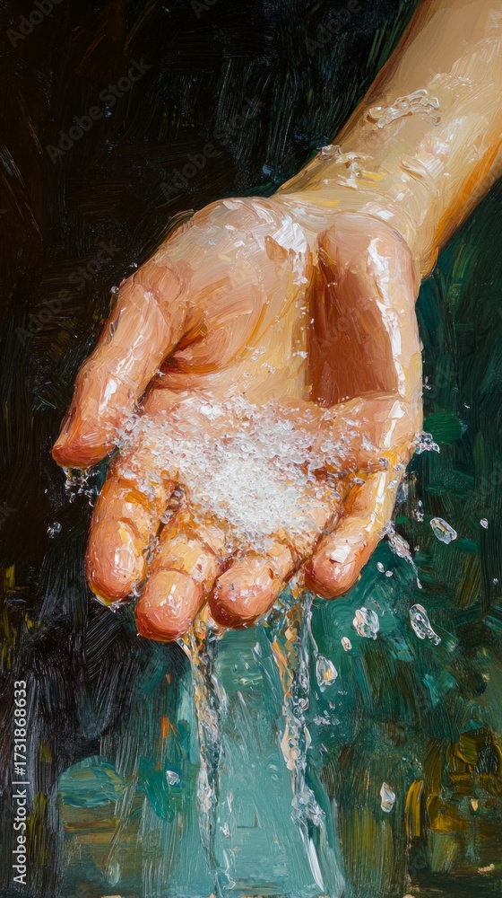 Fototapeta premium A hand under running water with white powder — an illustration of the process of washing or a cleansing ritual, relevant for articles on hygiene, religion, and cultural traditions.