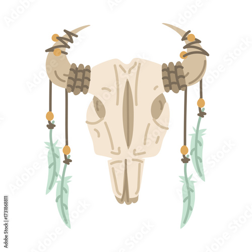 cow's skull like Native American dreamcatcher in colorful flat style. skull with horns, plaits of feathers and beads on them. Protection from spirits, ritual. isolated. Nomadic. American Indians