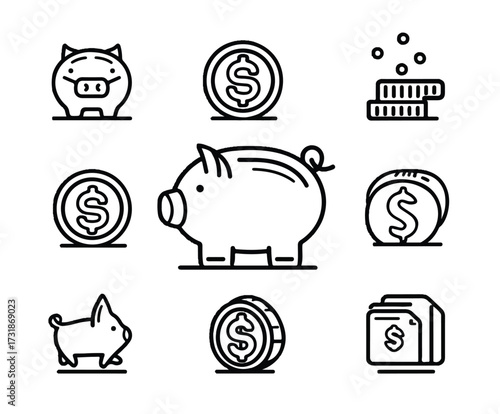 Set of Piggy Bank Line Icons Savings and Investment Concept Represented by Black and White Simple Elements