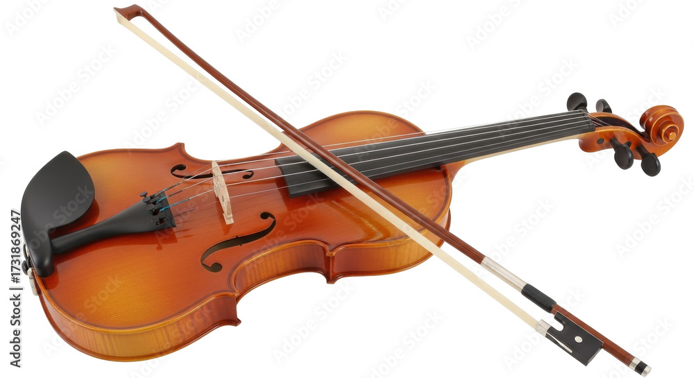 Fototapeta premium Isolated violin with bow resting across it shown at an angle in a studio setting