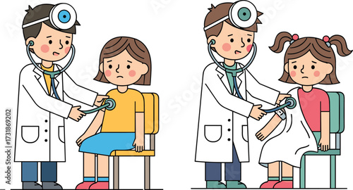 Doctor examining children illustration, pediatric checkup, healthcare professional, medical care,