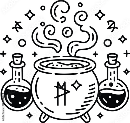 Whimsical witch's cauldron with bubbling potion and flasks surrounded by stars
