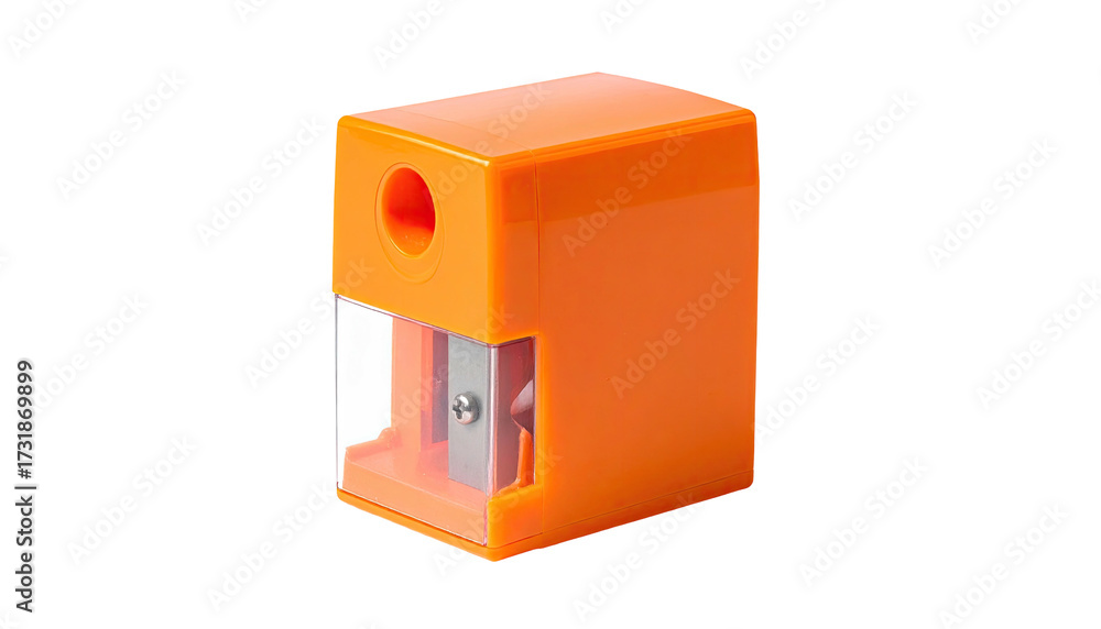 Fototapeta premium A bright orange, rectangular pencil sharpener with a clear shavings container