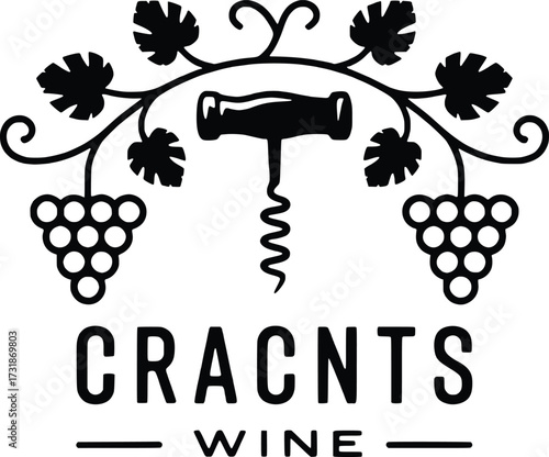 Elegant wine emblem featuring corkscrew grapes and vine branches vintage style