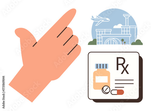 Hand pointing toward medicine prescription with pills and bottle, alongside an airport scene with airplane. Ideal for travel preparedness, healthcare access, medicine delivery, global health, travel