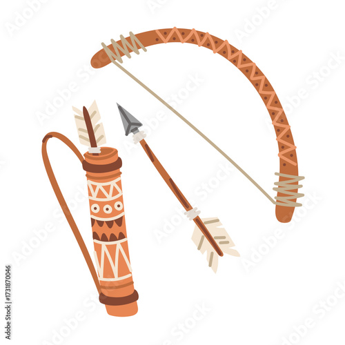 Arrow, bow, Sagaidak Native American case in colored flat style. Hunting weapons for wild animals, wooden arrows with a leather case. Hunting. An isolated object. Nomadic lifestyle. American Indians