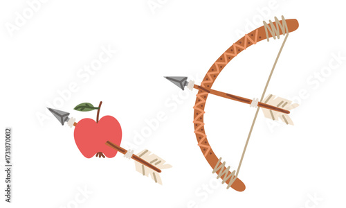 Arrow, bow, red apple in a colorful flat style, Indian history. Hunting weapon, shooting at an apple. Wooden arrows with sharp tip in an apple. An isolated object. nomadic lifestyle. American Indians