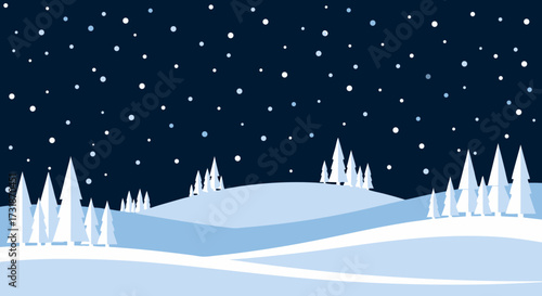 A serene, stylized winter night landscape with snow-covered hills and evergreen trees, offering ample copy space for seasonal designs