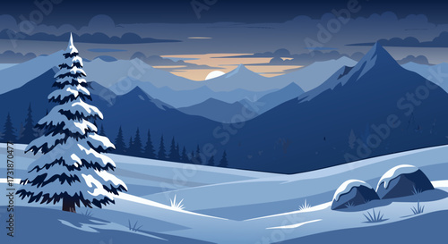 Stunning winter mountain illustration with a snow-covered fir tree and sunrise, ideal for clean graphic design projects needing generous copy space, modern vector art