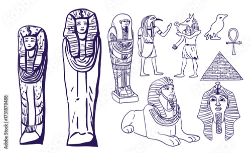 Twenty two hand drawn set of egyptian tribal drawing isolated on white background