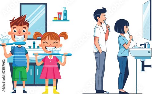 Family brushing teeth illustration, children and parents dental hygiene, healthy habits, morning