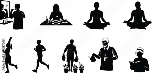 Silhouette of people doing daily activities, a collection of people in various poses and expressions throughout the day