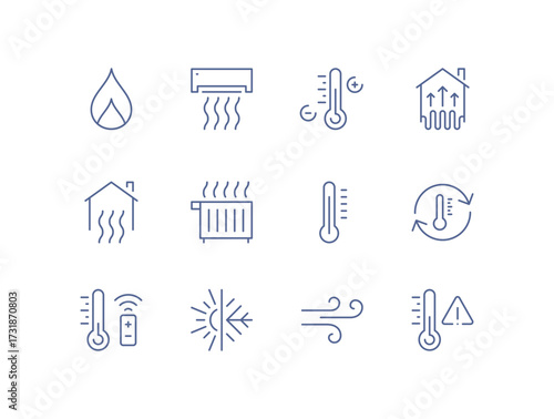 Heating and cooling icon set, temperature control, thermostat, air ventilation, radiator, sun heat, cold snowflake, house climate system, water drop humidity, airflow regulation linear vector.