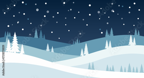 Serene winter landscape illustration at night with falling snow and rolling hills, offering ample copy space. 4