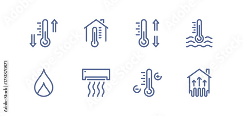 Heating and cooling icon set, temperature control, thermostat, air ventilation, radiator, sun heat, cold snowflake, house climate system, water drop humidity, airflow regulation linear vector.