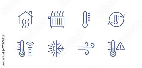 Heating and cooling icon set, temperature control, thermostat, air ventilation, radiator, sun heat, cold snowflake, house climate system, water drop humidity, airflow regulation linear vector.