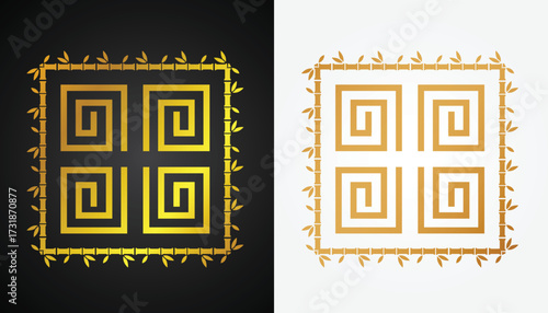 Vector image of a Chinese motif logo with beautiful and cool gold color variations with a cool bamboo circle motif with a black and white background for various design and branding purposes.