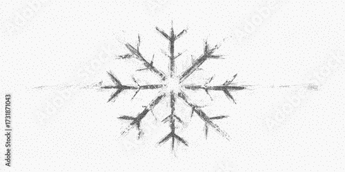 Background with crayon snowflake drawing. Graphic figure with vintage grainy texture subtle grit and soft threshold transition. Dusty ink patches and paper speckle across form.