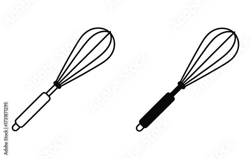 WebSimple vector line art and silhouette icons of kitchen whisks for culinary design, baking, and cooking content creation