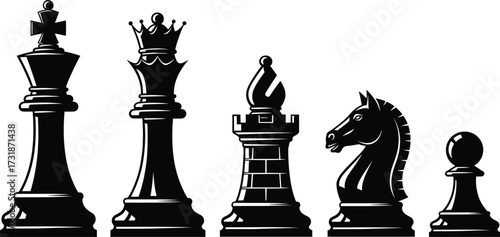 Black chess pieces vector illustration, king queen bishop knight pawn, strategic board game concept, isolated icons, white background, classic style, 3D shading