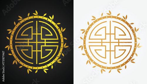 Vector image of a Chinese motif logo with beautiful and cool gold color variations with a cool bamboo circle motif with a black and white background for various design and branding purposes.