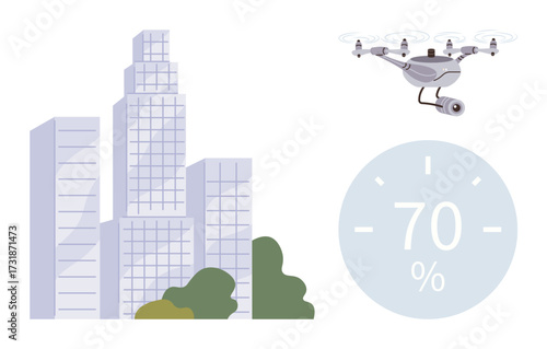 Modern city skyline with high-rise buildings, quadcopter equipped with a camera in flight, and a progress graphic showing 70. Ideal for technology, urban planning, surveillance, real estate