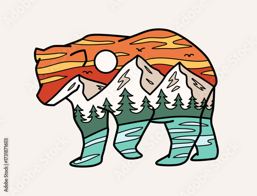 Bear silhouette filled with a detailed mountain landscape, trees, and a sun. Perfect for nature, wildlife, or hiking-themed t-shirt designs, stickers, and other uses.	