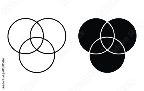 WebVenn diagram showing overlapping circles in outline and filled versions, perfect for illustrating concepts of connection, intersection, and relationships in data analysis or logic.