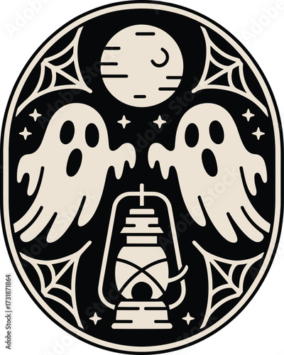 Spooky hand drawn ghost badge with full moon and lantern halloween design
