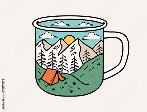 A camping mug filled with a serene mountain landscape, pine trees, and a tent. Perfect for camping, hiking, and travel-themed t-shirt, sticker, and poster designs.	